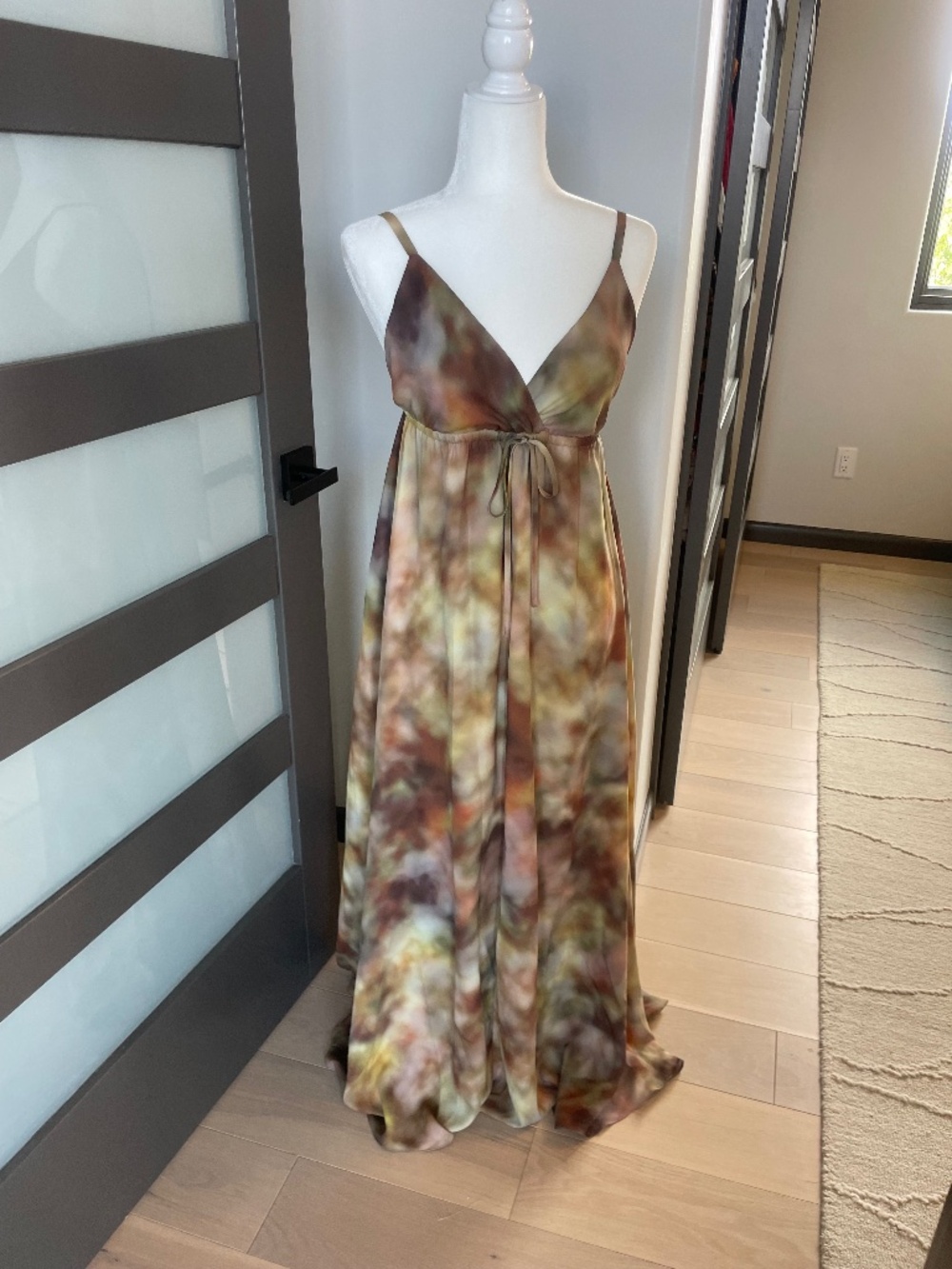 L'Agence Sachi Empire Waist Maxi Dress in Multi Tie Dye Cloud Print